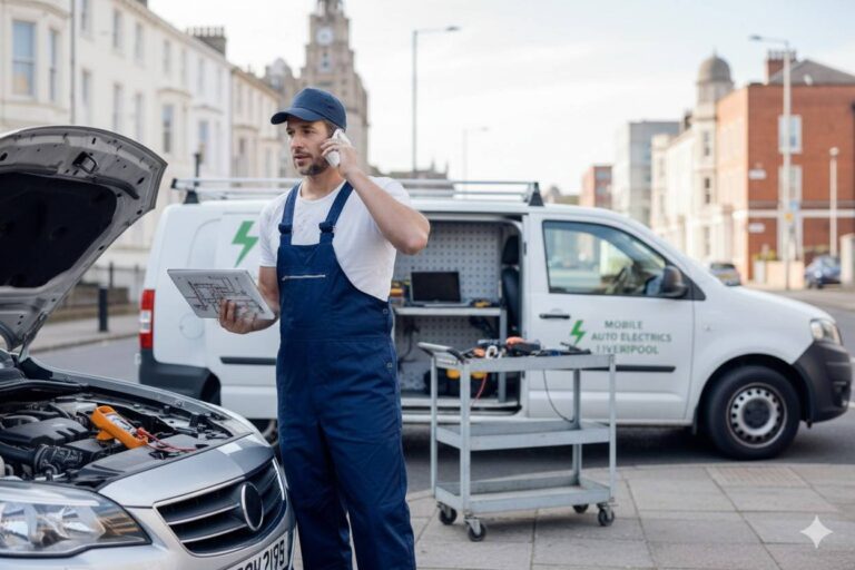 An auto electrician onsite with a laptop inspecting a car onsite in Liverpool. About Mobile Auto Electrics Liverpool.