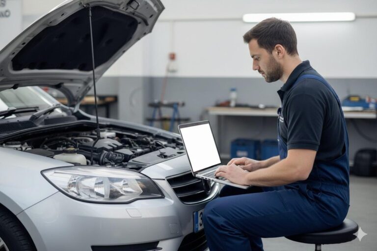 ADAS calibration in Liverpool carried out by a mobile auto electrician using a laptop connected to a vehicle engine bay.