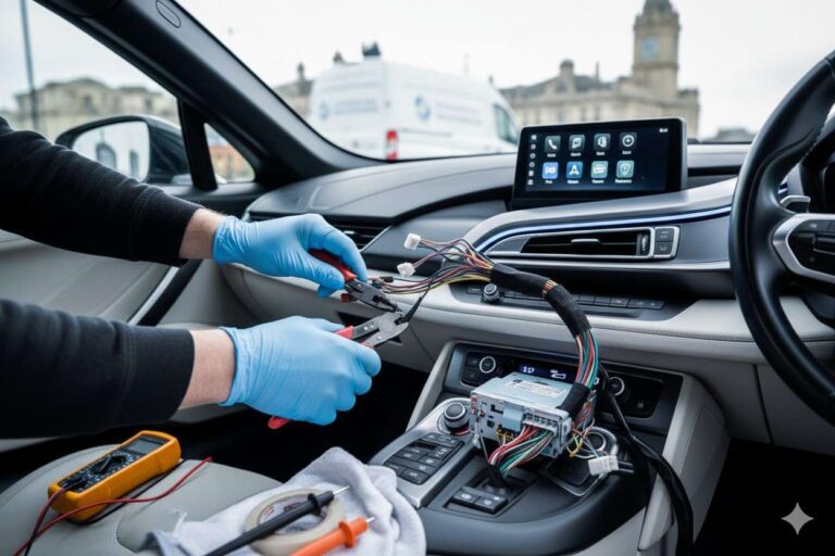 Car wiring repairs in Liverpool carried out by a mobile auto electrician working on vehicle wiring inside a car.