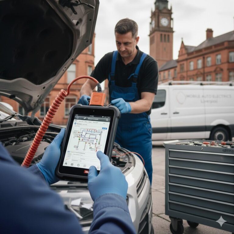 Mobile car diagnostics Liverpool with auto electricians using a professional diagnostic tool on a vehicle.