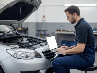ADAS calibration in Liverpool carried out by a mobile auto electrician using a laptop connected to a vehicle engine bay.