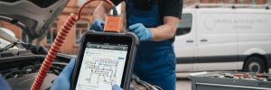Mobile car diagnostics Liverpool with auto electricians using a professional diagnostic tool on a vehicle.