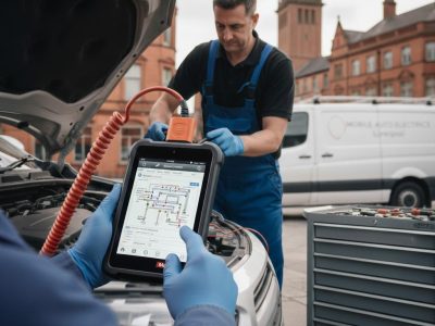 Mobile car diagnostics Liverpool with auto electricians using a professional diagnostic tool on a vehicle.